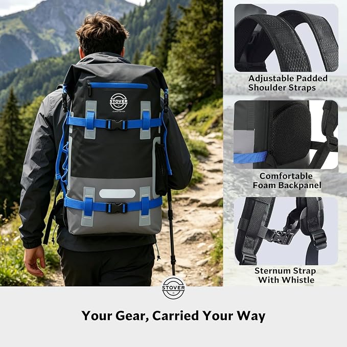STOVER 30/40/55L Waterproof Dry Backpack & Phone Case - X-Large Floating Dry Bag for Kayaking, Travel, Hiking, Fishing, Camping, Motorcycles & Beach, Heavy-Duty Roll Top Men/Women (Black/Grey/Blue) - Image 4