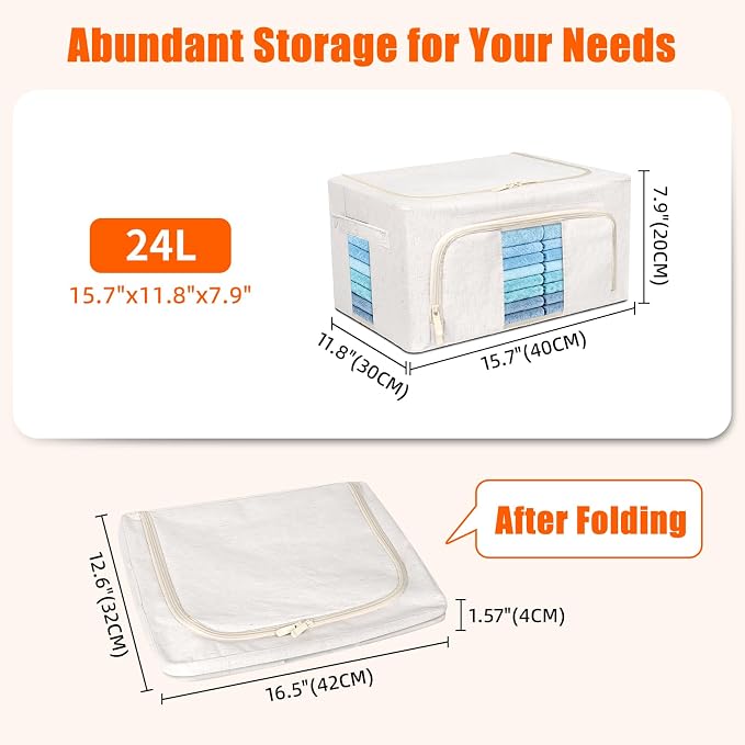 Foldable Clothes Storage Bins with Solid core powder-coated steel fram, 24/ 66L Storage Bags Fabric Box Organizer with Clear Window Zippers Sturdy Handles 2 Pack (Beige, 24L 2Pack) - Image 5