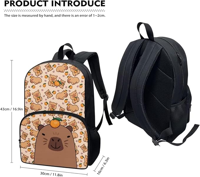 Cartoon Capybara Orange Backpack Set for Girls Boys, Elementary School Book Bag for Kids 8-12, Lightweight School Backpack Lunch Box Pencil Bags Protective Water Bottle Cup Cover, 4 Pcs - Image 2