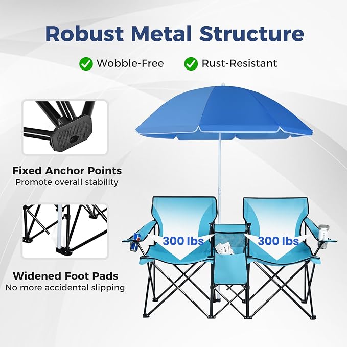 Goplus Double Camping Chair with Umbrella, Folding Loveseat Chairs w/Canopy Shade, Carrying Bag, Table, Cup Holder, Portable Beach Chairs Outdoor Picnic Patio (Turquoise) - Image 4