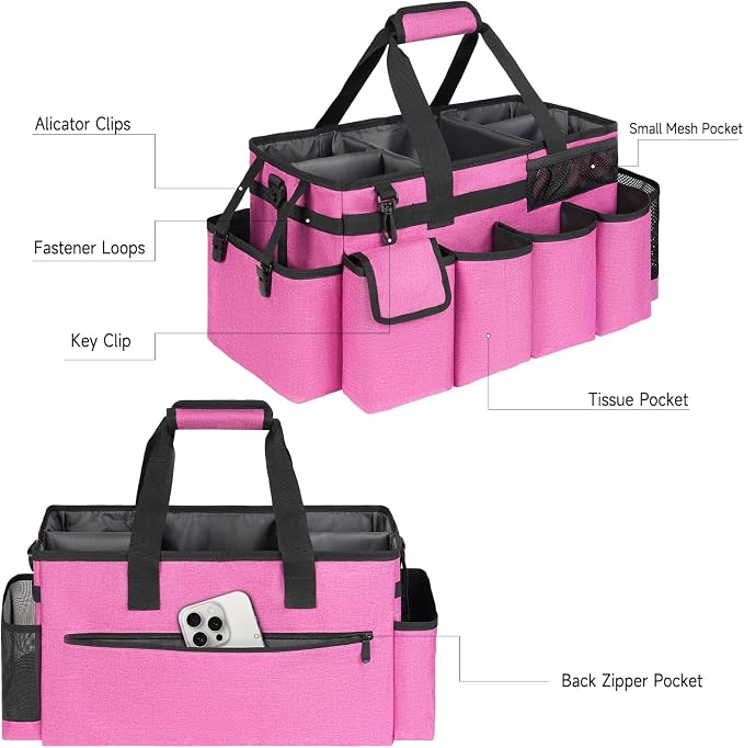 Cleaning Caddy Bag,Extra Large Cleaning Supplies Organizer with Handle for Housekeepers,Rose Red - Image 3