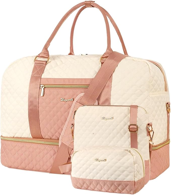 Wogarl 3PCS Weekender Bags for Women Large Overnight Bag Weekend Travel Duffel Bag Carry on Shoulder with Shoe Compartment Canvas Toiletry Bag for Travel Business Gym,Pink Beige by Wogarl