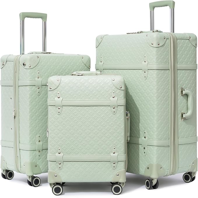 NZBZ Vintage Luggage Sets for Women Retro Suitcase Cute Vintage Expandable Luggage (Green, 20inch & 24inch & 28inch) by NZBZ