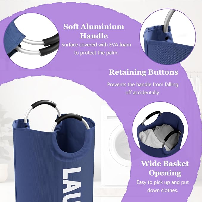 95L Collapsible Laundry Baskets for Boy, Big Clothes Hampers with Handles, Stand-alone Laundry Bin, Portable Dirty Clothes Basket for Bathroom, Camping, Navy Blue - Image 3