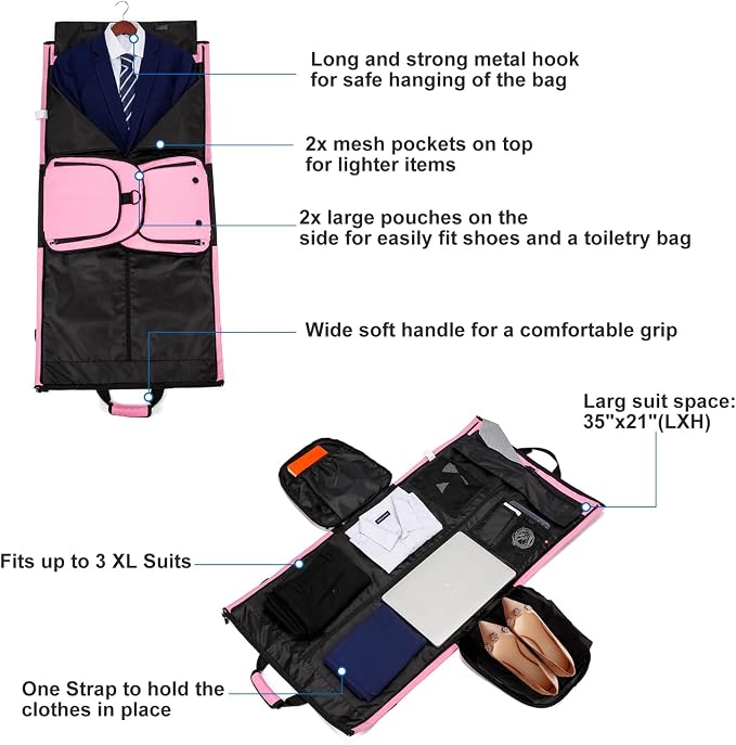 Carry On Garment Bag for Women, Durable Garment Duffle Bag for Travel with Shoes Compartment, Convertible & Foldable 2 in 1 Hanging Dress Weekender Suitcase Suit Travel Bag, Gifts for Women, Pink - Image 3