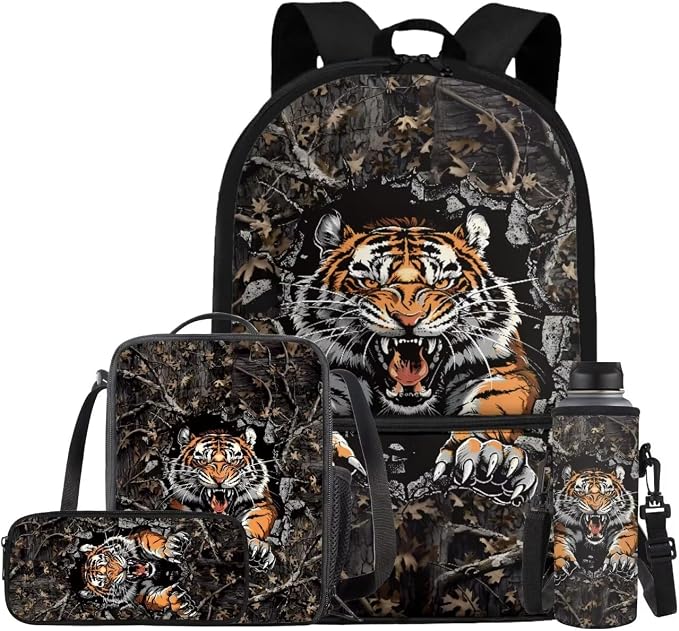 Tiger Camo Backpack for Boys Kids Backpack with Lunch Box Water Bottle Carrier with Strap and Pencil Case Pouch 4PCS Set Bookbag with Front Pocket for School 17 inch Large Capacity School Bag by ELEDIZI
