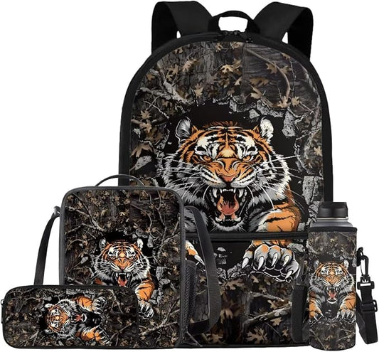 Tiger Camo Backpack for Boys Kids Backpack with Lunch Box Water Bottle Carrier with Strap and Pencil Case Pouch 4PCS Set Bookbag with Front Pocket for School 17 inch Large Capacity School Bag by ELEDIZI