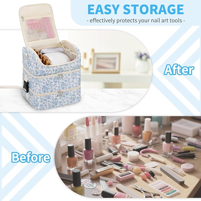 Extra Large Nail Polish Organizer - Three Layer Nail Organizers And Storage Bag, Portable Nail Supplies Organizer Case, Nail Tech Kit Travel Carrying Box with Shoulder Strap (Floral Blue, 86 Slots) - Image 2