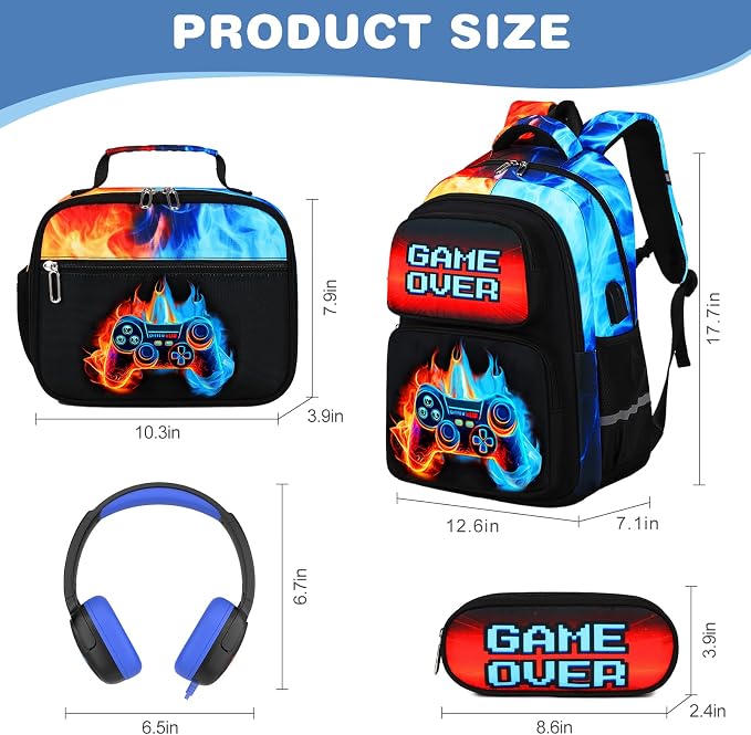 Bevalsa Backpack for Boys, School Bags for Kids with 3.5mm Jack Wired Headphones, Lunch Box & Pencil Case, Gamer Backpack for Kids Children Teens for Elementary Middle School Student (Flame) - Image 2