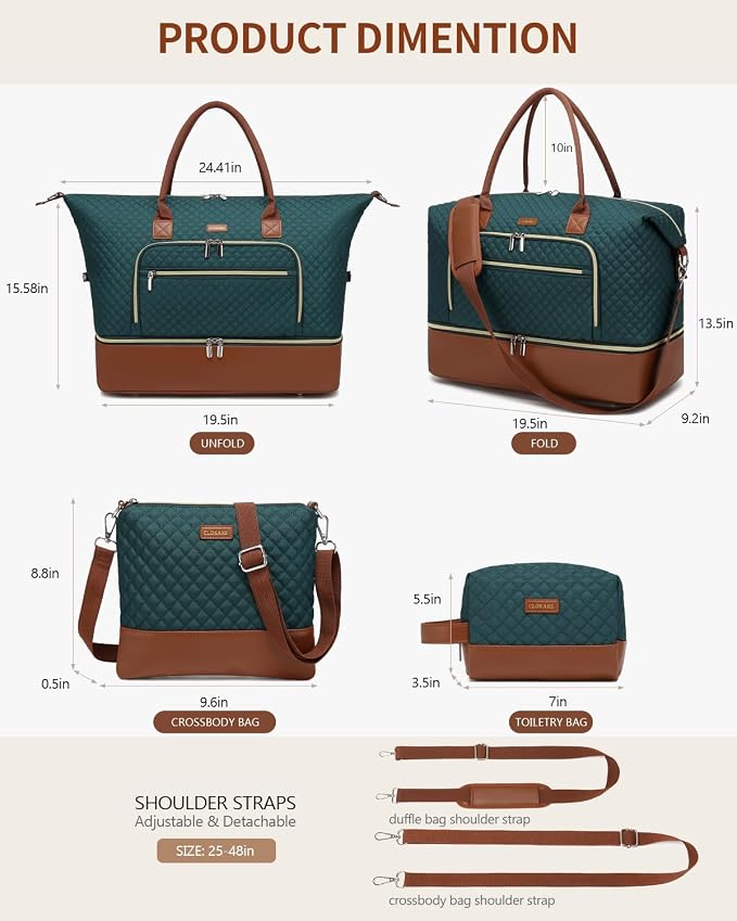 Weekender Bags for Women Travel, Under Seat Carry On Bags for Airplanes Overnight Bag with Shoe Compartment Luggage Sleeve, Foldie Travel Tote Bag Hospital Bag, Travel Gifts, Green Brown - Image 2