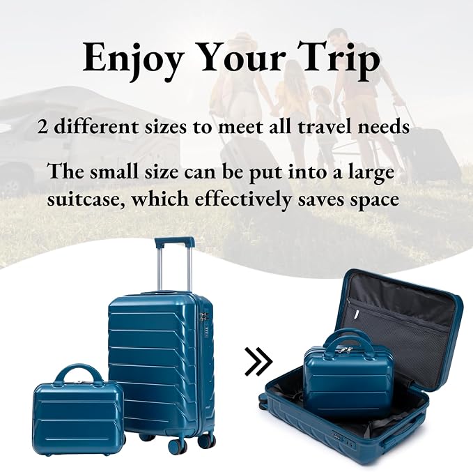 2-Piece ABS Hard Shell Lightweight Carry-On Luggage Set (14" & 20"), 360-Degree Spinner Wheels, Adjustable Telescopic Handle and Combination Lock for Travel, Dark Blue - Image 2