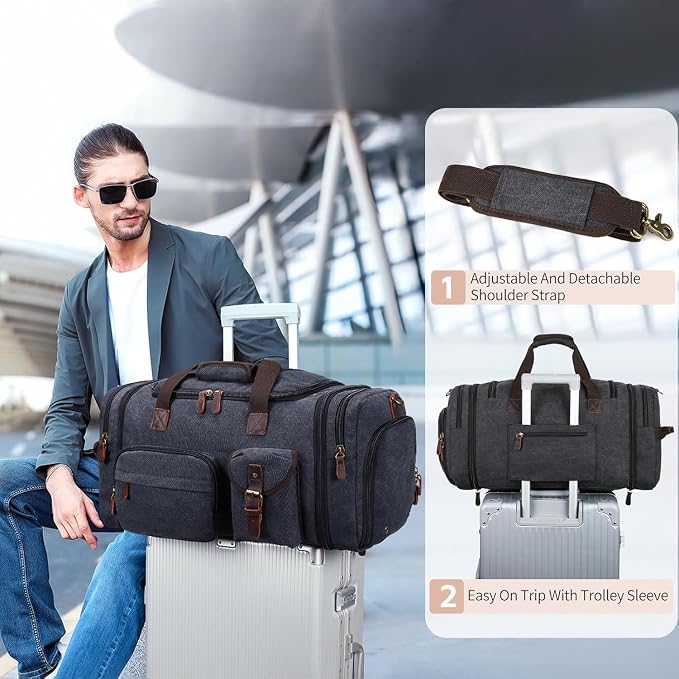 Mens Duffle Bag for Travel 60L Expandable Canvas Weekender Overnight Travel Duffel Bag with Shoe Compartment Carry-On for Airplanes Dark Gray - Image 5