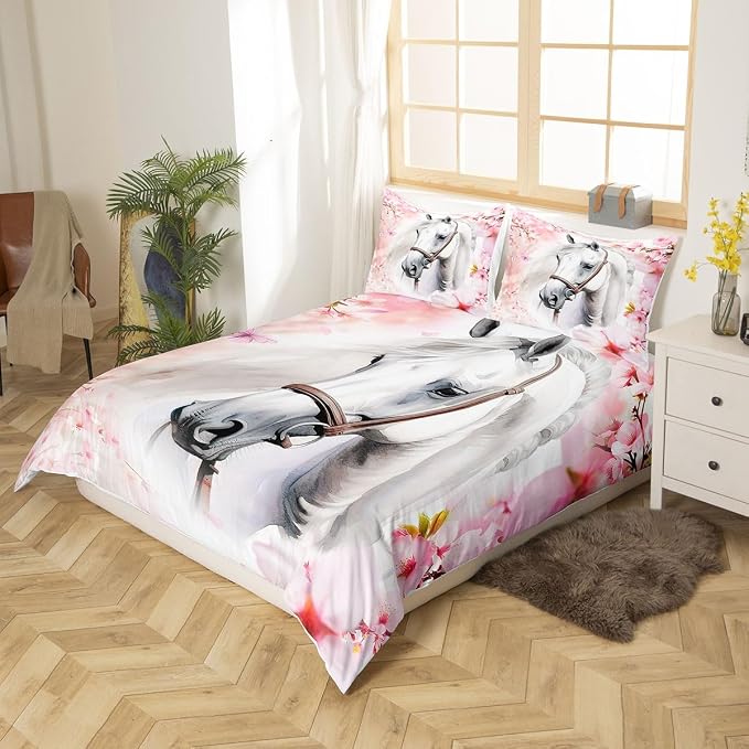 Horse Duvet Cover King for Boys Girls Wild Animal Print Bedding Set Pink Cherry Blossoms Decor Comforter Cover 3D White Horse Flower Butterfly Print Bedding 3 Pcs Farmhouse Spring Theme Bedspread - Image 2