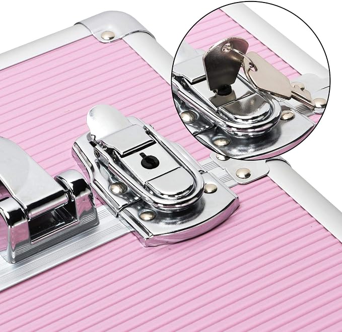 Topeakmart 4-in-1 Cosmetology Case on Wheels Lockable Makeup Trolley Pink | Reinforced with aluminum trim and steel corners, this rolling makeup train case organizes and locks supplies anywhere - Image 5