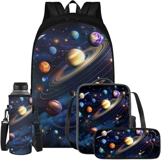 Space Galaxy Backpack for Boys Girls Backpack with Lunch Box Water Bottle Bag and Big Pencil Case 4PCS Set Bookbag with Compartments 17 inch Lightweight School Bag with Side Pocket for Kids by ELEDIZI