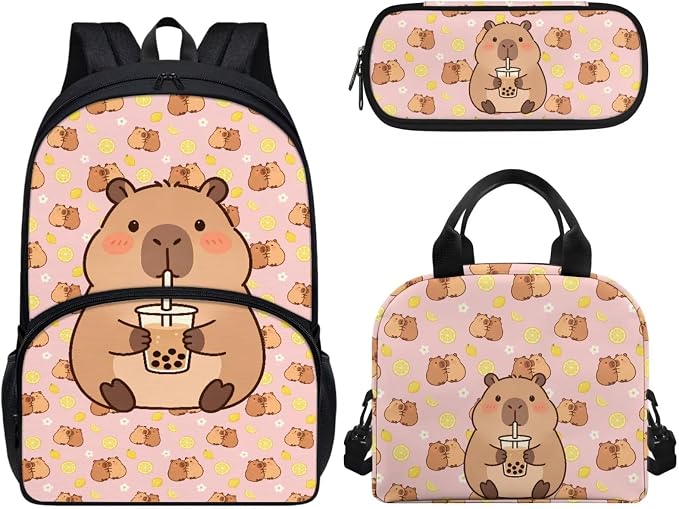 Cute School Backpack for Girls, Kids Capybara Milk Tea Backpack School Bookbags with Insulated Lunch Box Pencil Case 3 in 1, Lightweight School Bag by CndexdWearfunPrintjoy