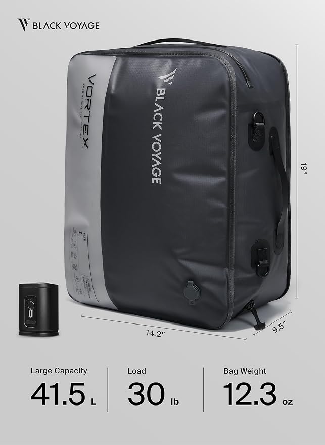 Black Voyage Reusable Vacuum Compression Travel Bag for Carry-On Suitcase and Backpack, Recycled IPX8 Waterproof Space Saver Vacpack (1-Pack, 41L - Pump Included) - Image 9