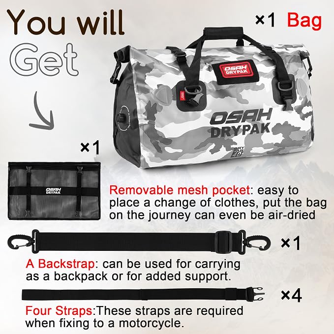 OSAH DRYPAK Waterproof Duffel Bag - Motorcycle Dry Bag Tail Bag with Large Storage Space, Waterproof Luggage Duffle Bags with Outer Mesh Zipper Pocket for Camping, Kayaking, Fishing & Traveling - Image 7