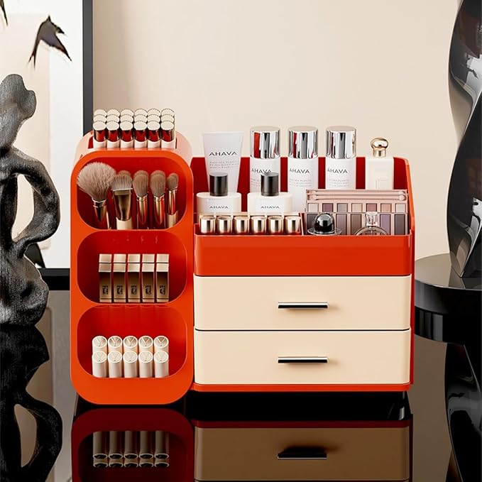 Makeup Organizer with Drawers,Large Capacity Countertop Organizer for Vanity,Bathroom and Bedroom Desk Cosmetics Organizer,Easy To Storage Skincare,Brushes,Lotions (Red and Cream) - Image 4