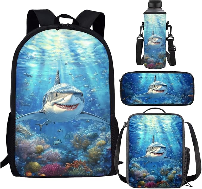 Shark Backpack with Lunch Box Kids Boys 4-6/6-8/8-10 Ocean Elementary School Bookbags for 1st Grade 4 in 1 Set Book Bags Lunch Box Pencil Case 17in Back Pack Lunch Bag Water Bottle Holder by SCRAWLGODDreamWardrobe