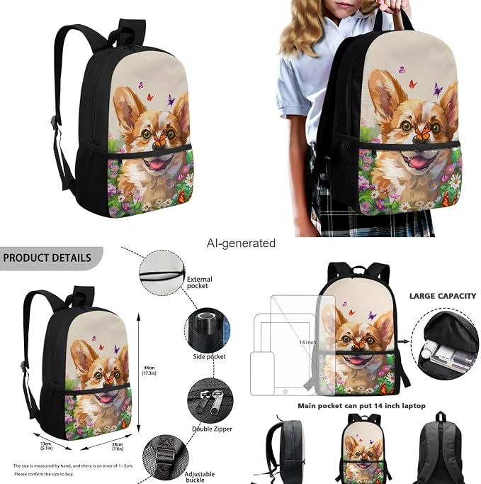 Kawaii Corgi Boys Backpacks for Elementary for Boy Large Capacity Lunch Bags for Teens with Zipper Pencil Pouches and Water Bottle Cover Sleeve for Junior Middle School - Image 3