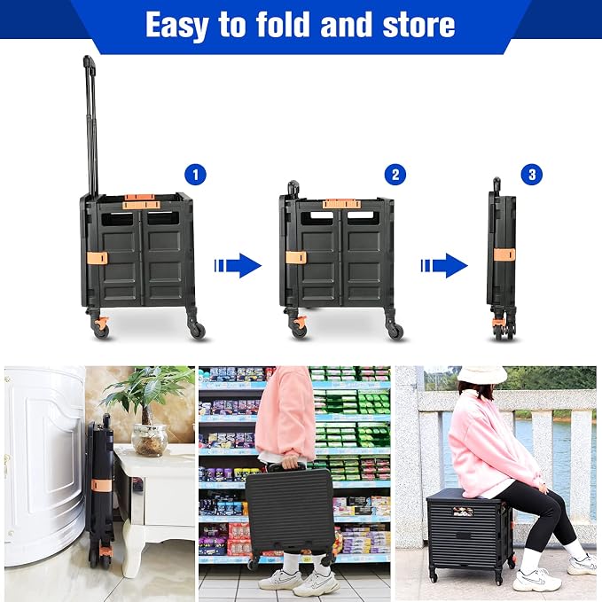Foldable Utility Cart,Rolling Crate Heavy Duty Shopping Cart with 360° Silent Wheel with Brake System,55L Capacity,Transport Weight up to 177 Pounds,Travel Shopping Moving Luggage Office Use - Image 5