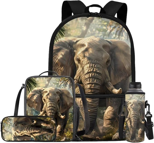 Elephant Backpack for Kids Boys Backpack with Lunch Box Water Bottle Holder and Soft Pencil Pouch 4PCS Set Bookbag with Front Pocket for School Teens 17 inch Lightweight School Bag for Girls by ELEDIZI