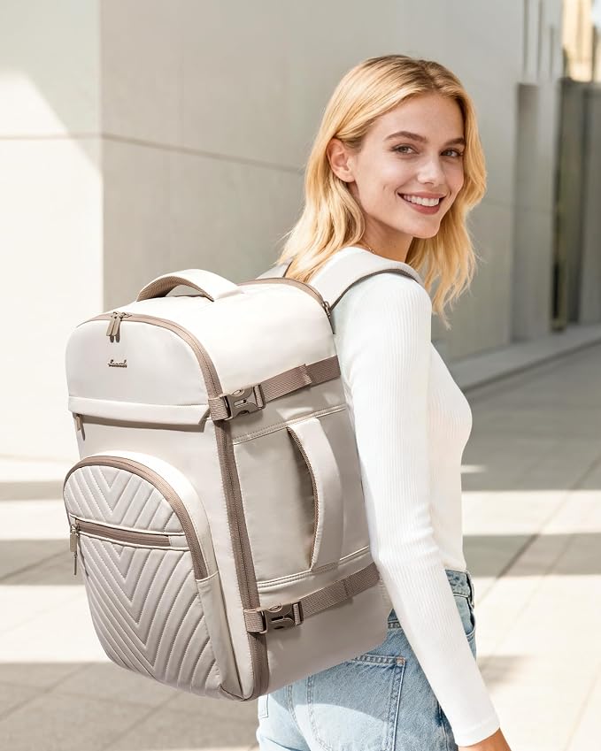 LOVEVOOK 50L Travel Backpack for Women Men, TSA Personal Item Travel Bag Fits 17.3inch Laptop, Waterproof Airline Approved Carry On Luggage With 2 Cubes for Weekender Hiking Business, Beige - Image 2