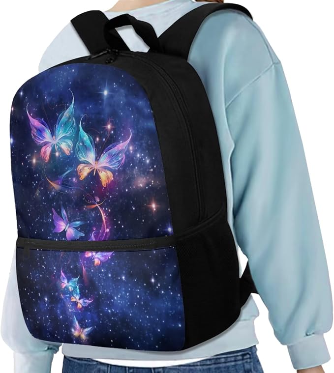 Galaxy Butterfly Backpack for Girls Kids Backpack with Lunch Box Water Bottle Carrier with Strap and Aesthetic Pencil Case 4PCS Set Bookbag with Front Pocket for School Teens 17" School Bag - Image 2