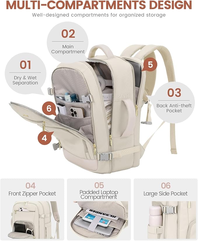LOVEVOOK Travel Backpack For Women, 40L Carry On Backpack Flight Approved, TSA Personal Item Backpack Fits 17 Inch Laptop, Business Weekender Overnight Waterproof Daypack With 2 Packing Cubes, Beige - Image 3