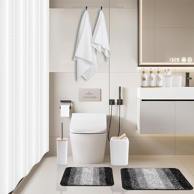 34PCS Bathroom Accessories Set with Shower Curtain,Rugs,Bath Towel,Trash Can,3PCS Lotion Soap Dispenser, Toothbrush Holder, Soap Dish,Tumbler Cup,6PCS Wood Tags Bath Accessories with Tray for Bathroom - Image 7