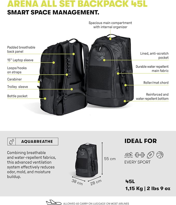 ARENA All Set Sports Swim Backpack Athletes Gym Rucksack Multisport Daypack Large Size Training Gear Equipment Bag 45 Liters - Image 3