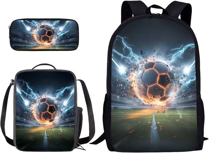 Soccer Ball Lighting Print Reusable School Bookbag Set for Teenage Girls, Durable Lightweight Backpack Set with Insulated Lunch Shoulder Box and Pencil Case, Children's Knapasck Set by PCSJRKG