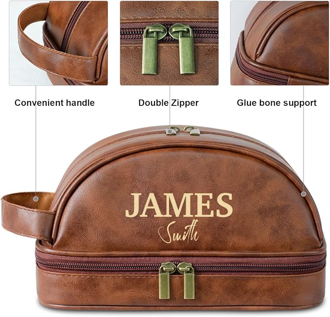 Personalized Leather Toiletry Bag, Brown, Three Layer Structure, Waterproof, Customizable Name Engraving, Travel Organizer for Men, Multi-Occasion Gift (UK1002) - Image 7