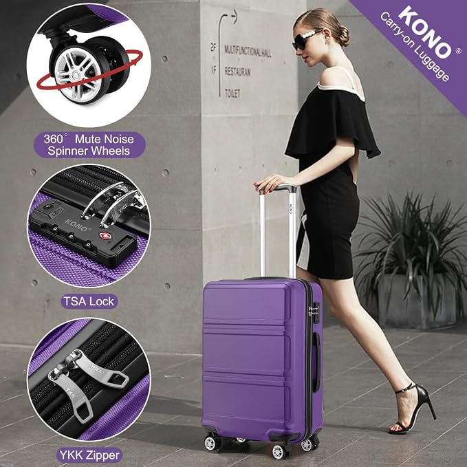 Kono 24 Inch Luggage Suitcase with Spinner Wheels TSA Lock | Lightweight PC+ABS Hardside Medium Checked Luggage Durable Rolling Suitcase Purple - Image 4