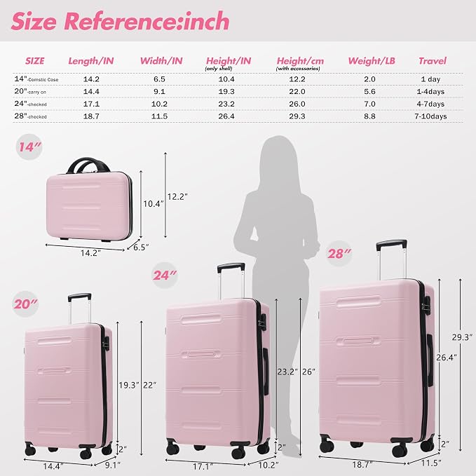 Merax Luggage Set,6 Piece Suitcase with Bags,Lightweight Carry on Luggage | 14/20 IN Airplane Approved,24/28IN Hardside Suitcase with Double Spinner Wheels Handle Password Lock,Pink - Image 7
