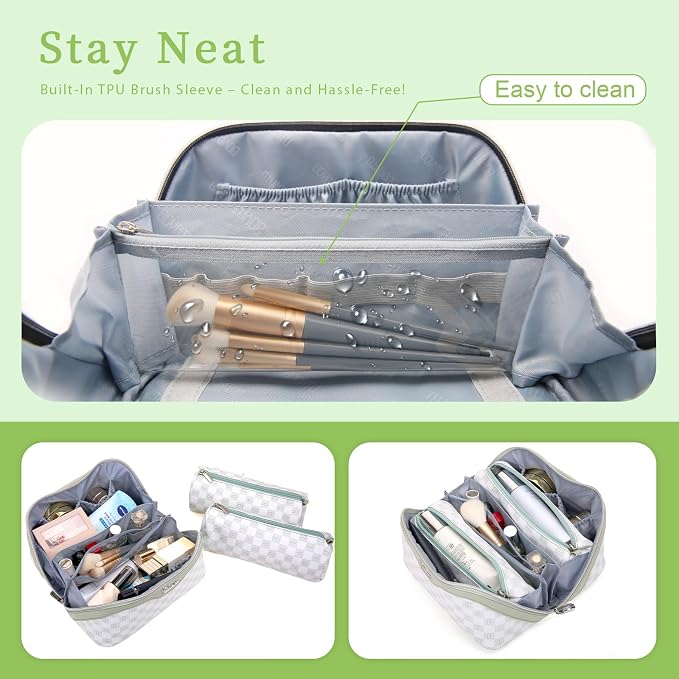 BOYATU Travel Makeup Bag Organizer Cosmetic Bag: 3 Pcs Set Make up Bags for Women with Handle - Waterproof Vegan Leather Toiletry Bags Travel Essentials Pouch with Compartments (H-06-Green) - Image 3
