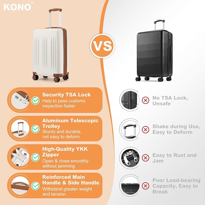 Kono Small 20 Inch Expandable Carry On Luggage with Quiet Spinner Wheels & TSA Lock, Scratch and Drop Resistant PC+ABS Hardside 22x14x9 Airline Approved Suitcase, Cream White & Brown - Image 7