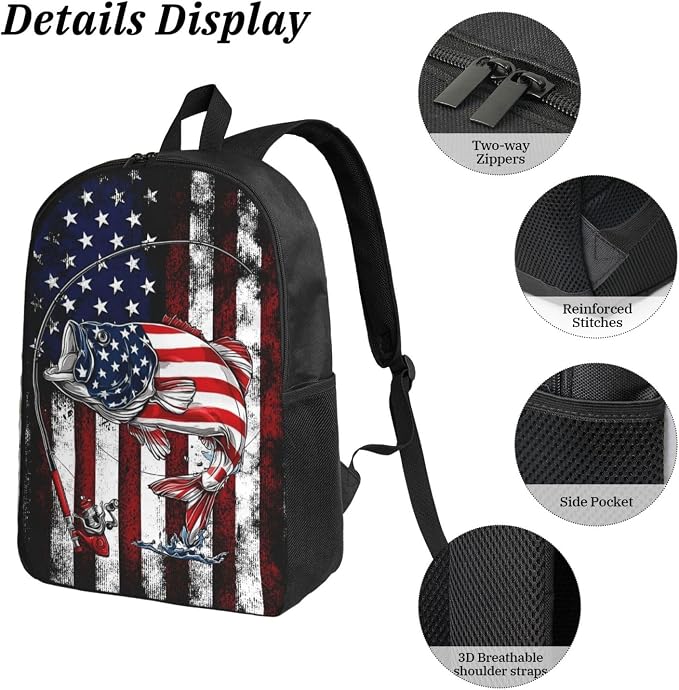 USA Fish Kid Backpack Set with Lunch Bag & Pencil Case Large Capacity School Bag 17 Inch Bookbag for Boy Girl - Image 3