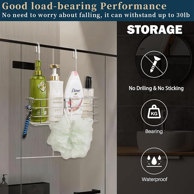 Shower Caddy Hanging Shower Rack SUS304 Stainless Steel Hanging Shower Orangizer with Hooks Over The Door, Shampoo Basket Storage (Single-Layer) - Image 2