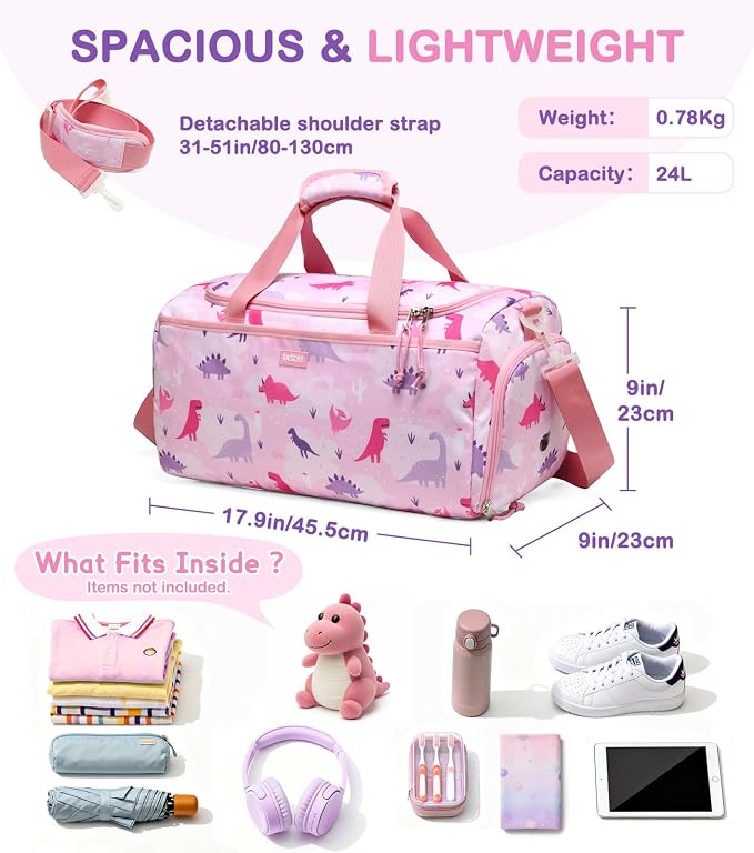 Kids Duffle Bag,VASCHY Travel Bag for Toddler Children Girls Water Resistant Overnight Duffel Ballet Dance Sport Carry On Weekender with Shoes Compartment Dry Wet Pocket Pink Dinosaur - Image 2