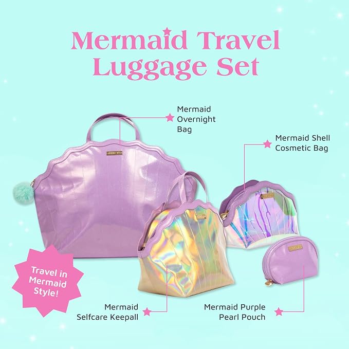 Glimmer Wish Mermaid Travel Luggage Set - Overnight Bag, Shell Cosmetic Bag, Selfcare Keepall, and Purple Pearl Pouch, Set of 4 Travel Bags for Teens and Girls - Image 2