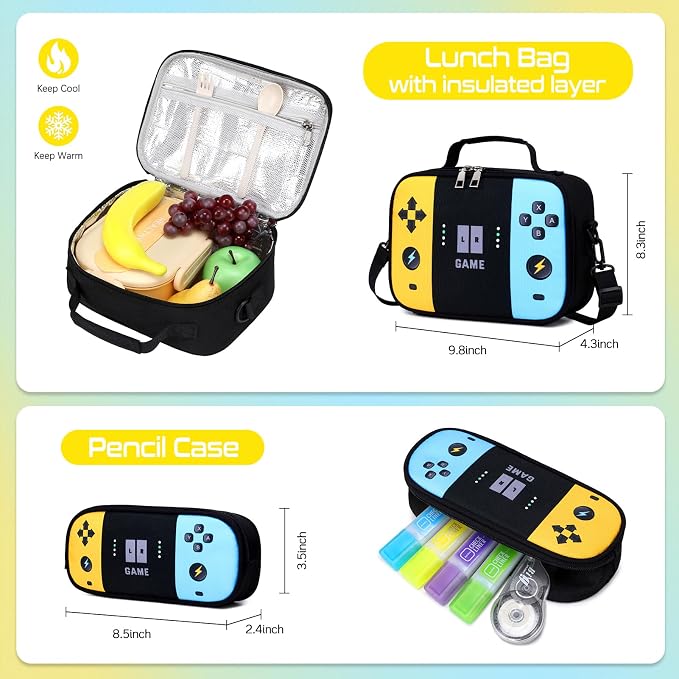 Gamer Backpack for Boys , 3PCS Boys Backpack with Lunch Box & Pencil Pouch, Waterproof School Bags for Boy Kids Children Teens, Elementary Middle School, Kids Book Bag Casual Daypack (Yellow Blue) - Image 7