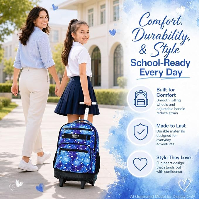 3Pcs Rolling Backpack for Girls, 19 Inche Women Roller Bag with Wheels for Adults, Wheeled Bookbag with Lunch Box(Blue) - Image 7