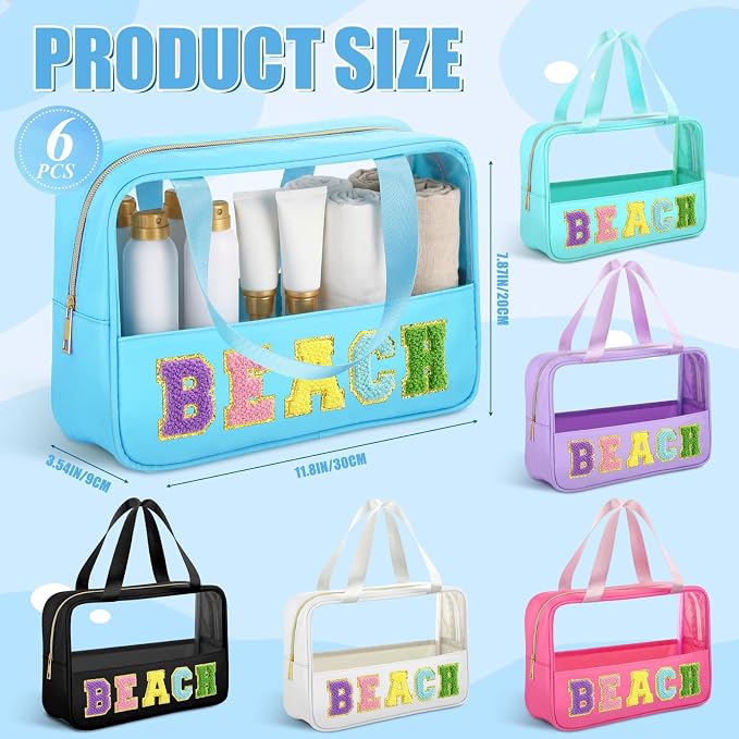 Hillban 6 Pcs Clear Beach Makeup Bags Bulk Travel Toiletry Bags with Handle Chenille Letter Large Waterproof Storage Preppy Patch PVC Nylon Cosmetic Bag for Summer Beach Pool Vacation Women Gift - Image 3