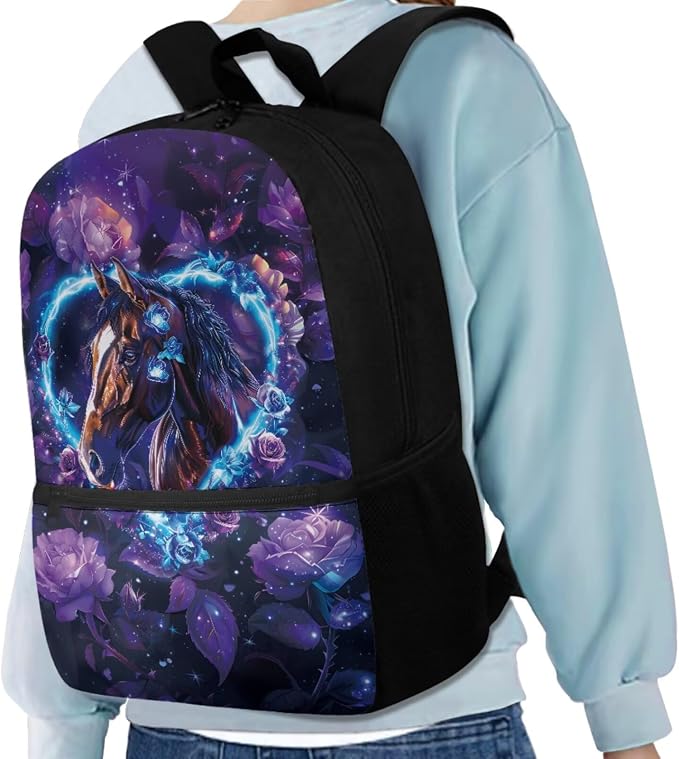 Horse Backpack for Girls Kids Backpack with Lunch Box Water Bottle Holder and Aesthetic Pencil Case 4PCS Set Bookbag with Front Pocket for School Teens 17" Sturdy School Bag with Side Pocket - Image 2