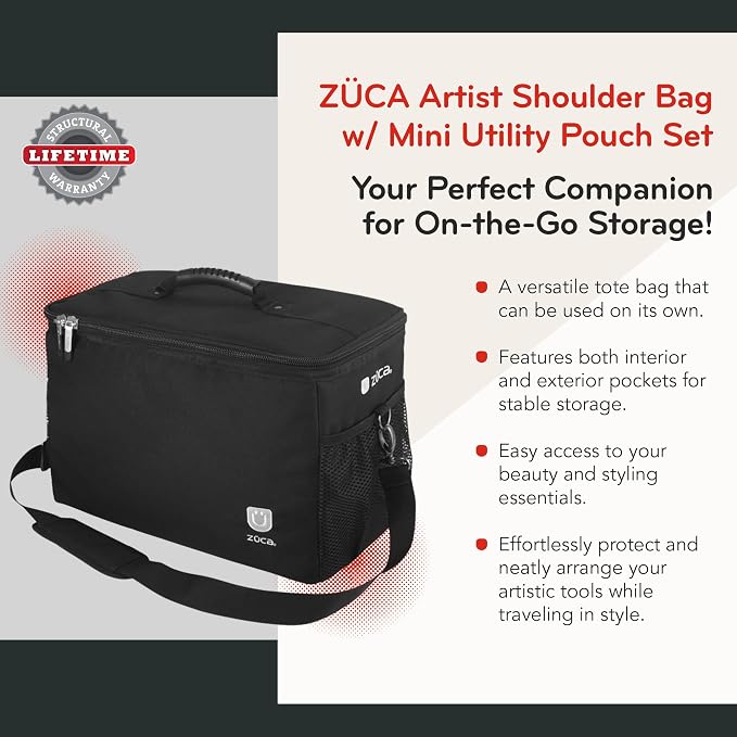 ZUCA MakeUp Artist Shoulder Bag w/Durable Utility Pouch Combo, MakeUp Organizer Bag -Lightweight,Versatile Multi-Compartment Design For Cosmetic Organization,Ideal For Travel & Makeup Sessions, Black - Image 2