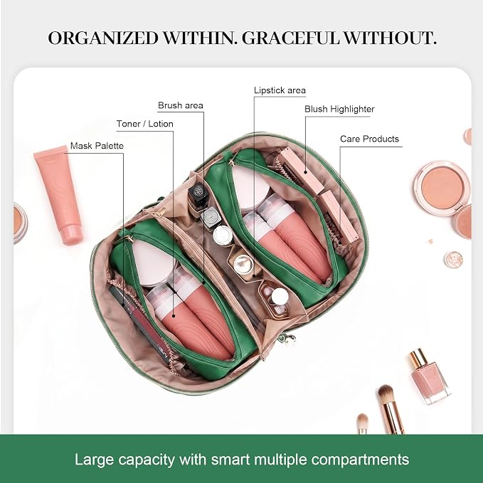 Travel Makeup Bags Cosmetic Organizer: 3Pcs Set Puffy Make up Bag for Women | ForestGreen Premium Quilted ELEGANCE Design | Large Capacity Leather Toiletry Bags | Wide Open Compact Case for Travel - Image 5