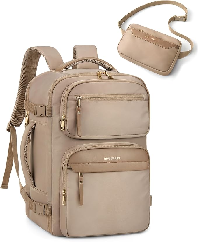 BAGSMART Womens Backpack Carry On Flight Approved, Travel Backpack for Women with Waist Bag,Traveling Lightweight Weekender Casual Daypack 17.3" Laptop Work Back pack Personal Item Bag,Champagne by BAGSMART