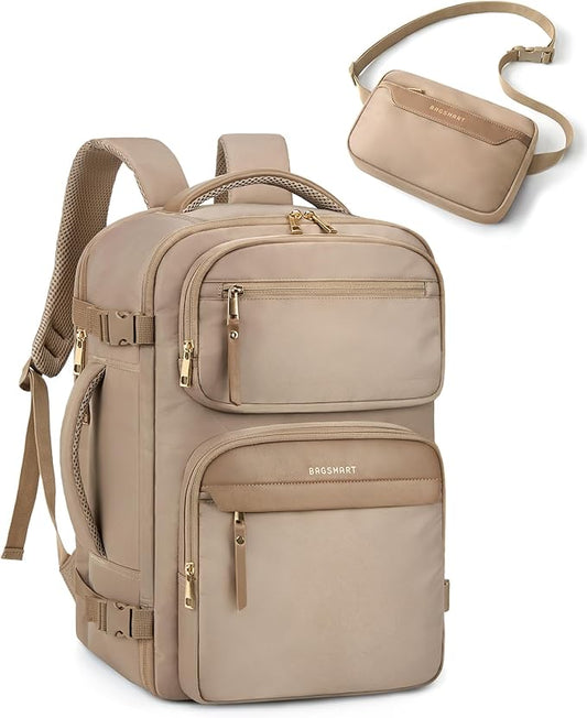 BAGSMART Womens Backpack Carry On Flight Approved, Travel Backpack for Women with Waist Bag,Traveling Lightweight Weekender Casual Daypack 17.3" Laptop Work Back pack Personal Item Bag,Champagne by BAGSMART
